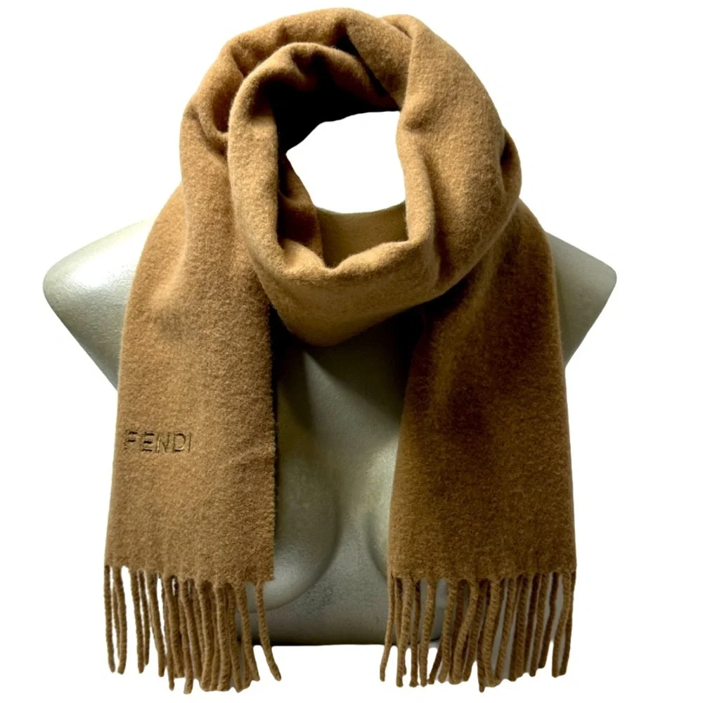 FENDI | Wool Camel Brown Tan Tassel Fringe Scarf Wrap Pashmina